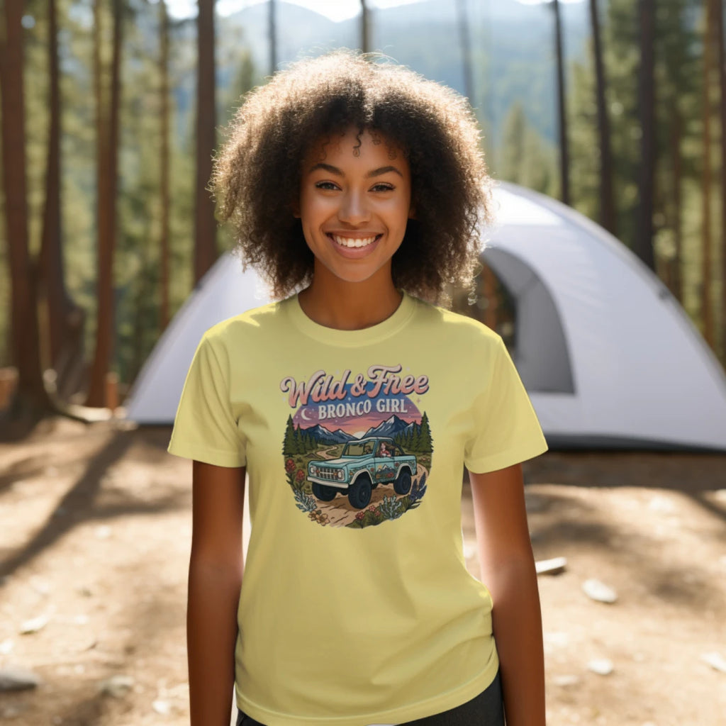 Wild & Free Bronco Girl Tee – Vintage Ford Bronco Women’s Off-Road Adventure Shirt T-Shirt