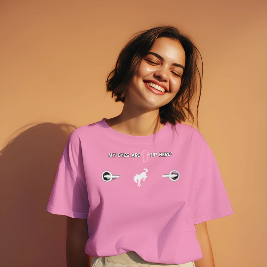 “My Eyes Are Up Here” White Bronco Headlights Tee — The Ultimate Bronco Life Icebreaker T-Shirt