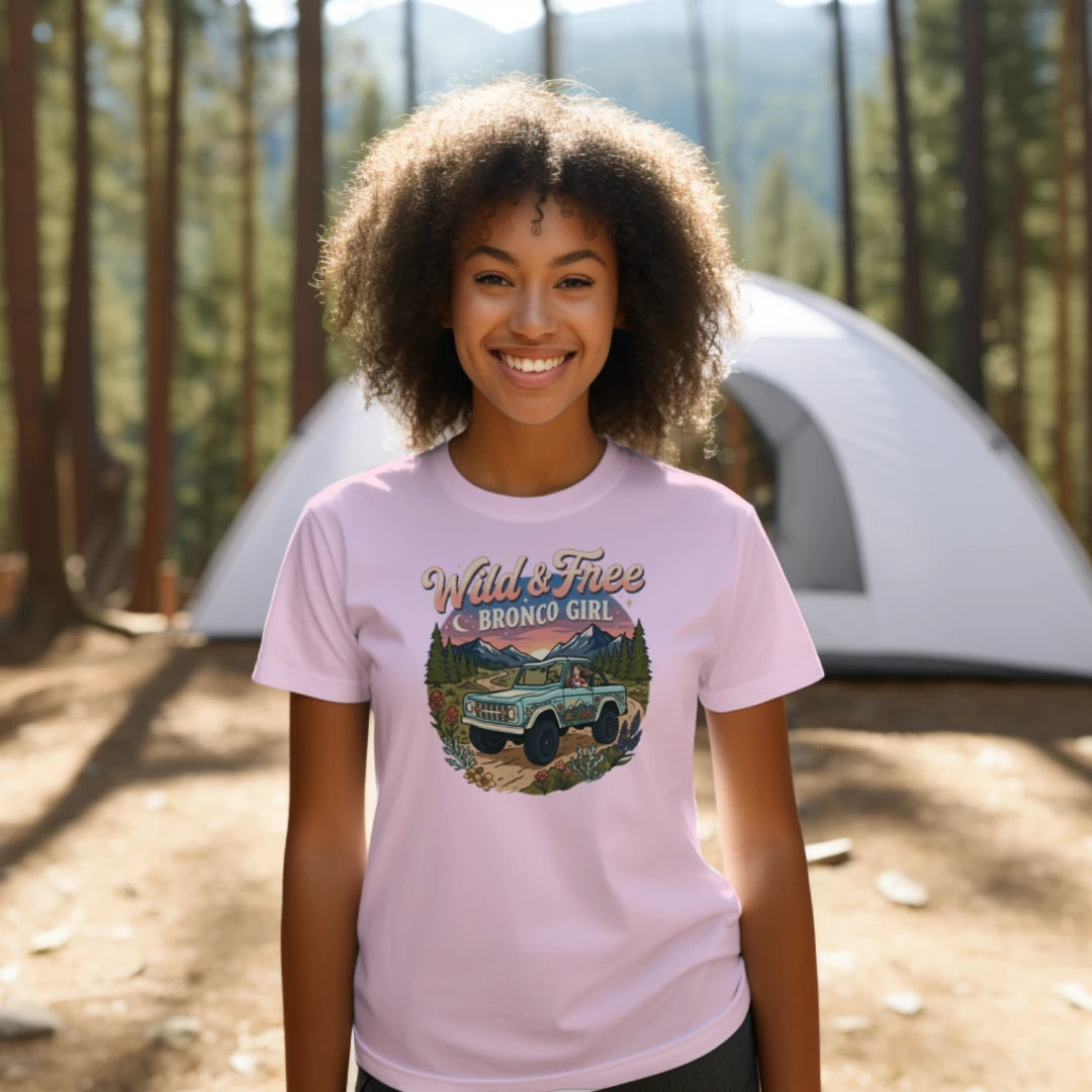 Wild & Free Bronco Girl Tee – Vintage Ford Bronco Women’s Off-Road Adventure Shirt T-Shirt