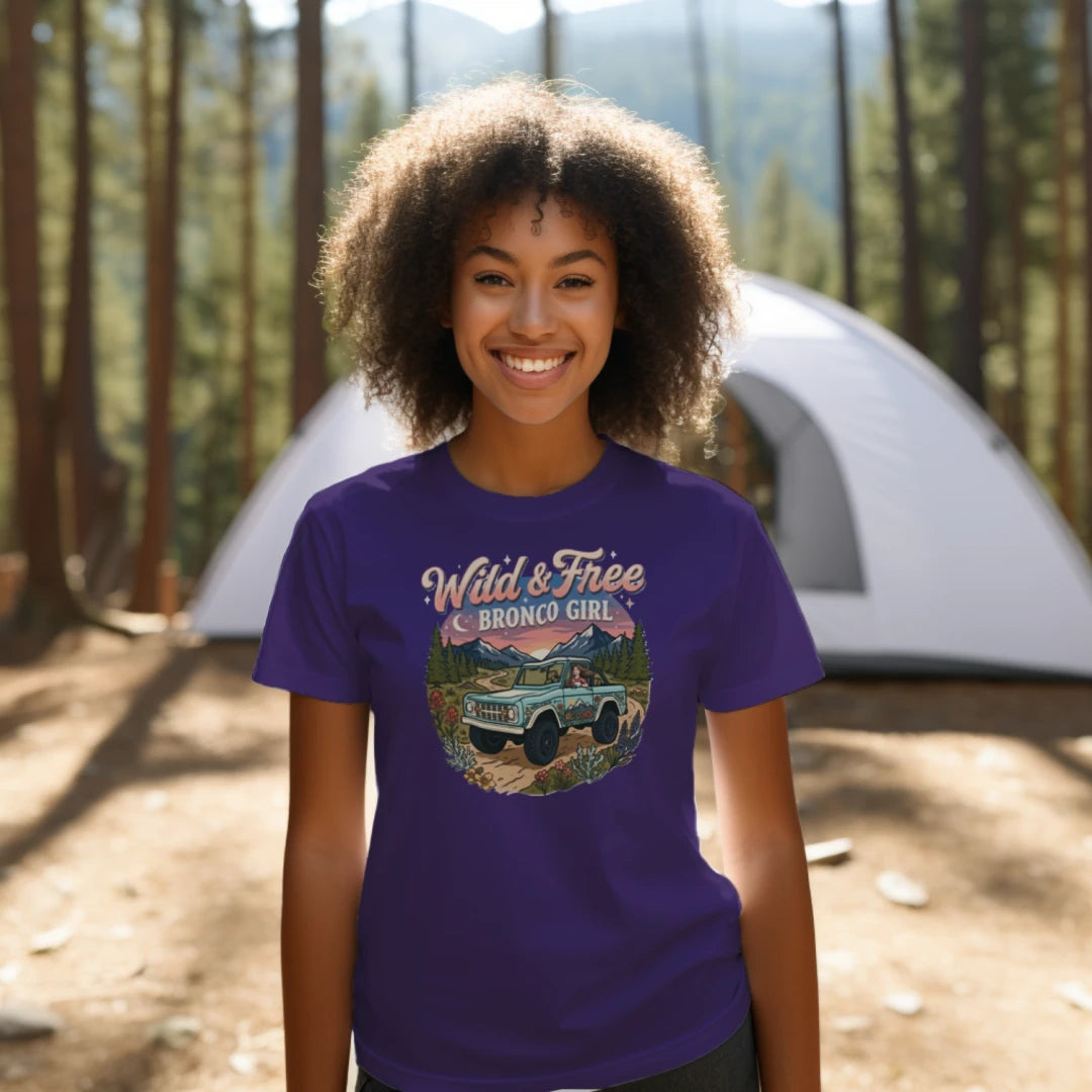 Wild & Free Bronco Girl Tee – Vintage Ford Bronco Women’s Off-Road Adventure Shirt T-Shirt