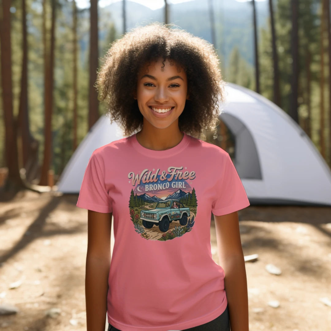 Wild & Free Bronco Girl Tee – Vintage Ford Bronco Women’s Off-Road Adventure Shirt T-Shirt