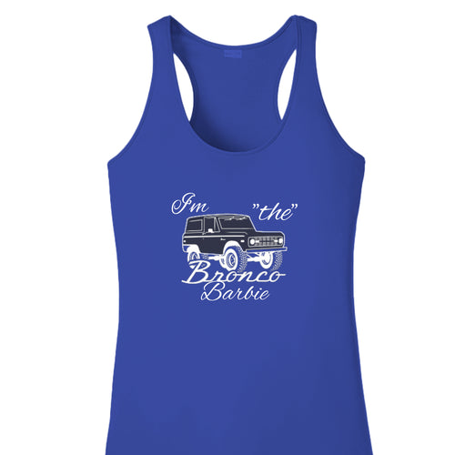 I'm the Bronco Barbie women's tank top in true royal blue with 1966 Bronco silhouette