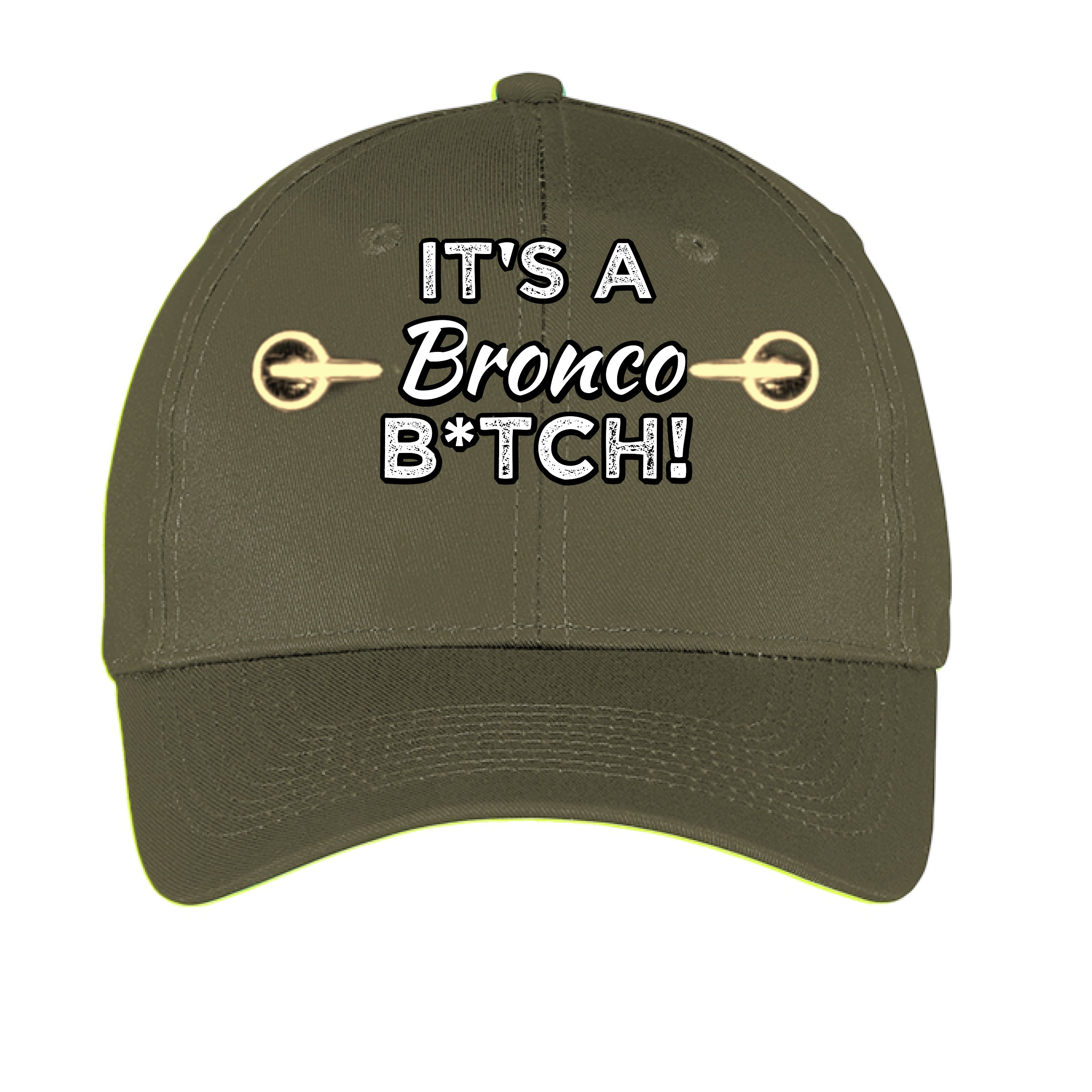 Black low profile dad hat featuring a bold Ford Bronco graphic and "It’s a Bronco B*#CH!" slogan by Bronco Life.