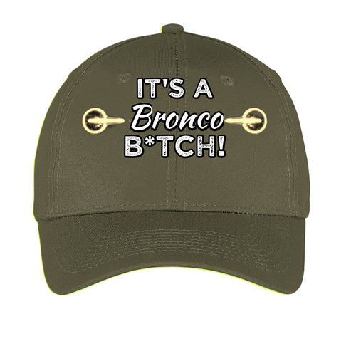 Black low profile dad hat featuring a bold Ford Bronco graphic and "It’s a Bronco B*#CH!" slogan by Bronco Life.