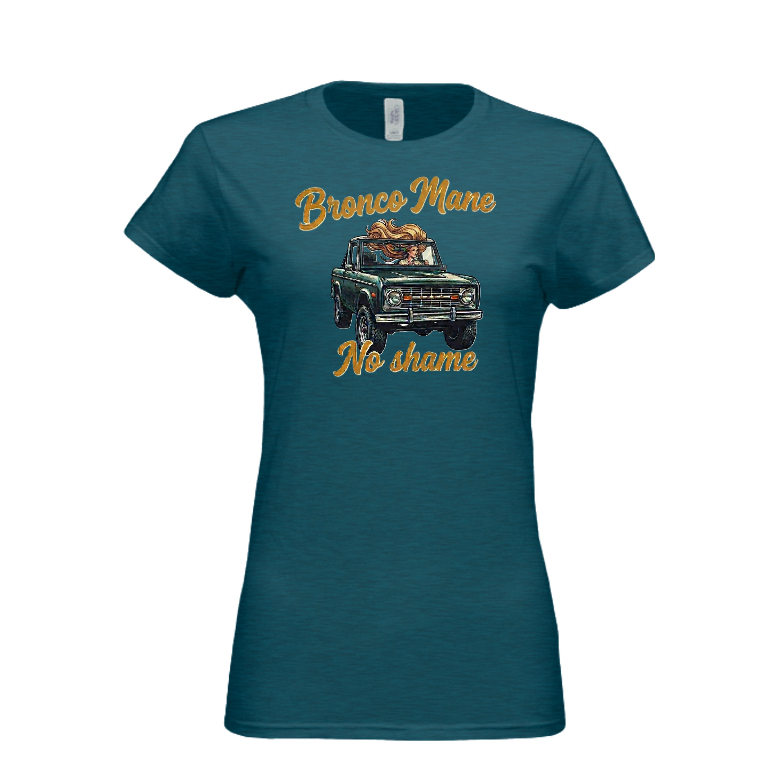 Bronco Mane, No Shame T-Shirt – Funny Ford Bronco Lifestyle Off-Road Tee ANTIQUE SAPPHIRE T-Shirt