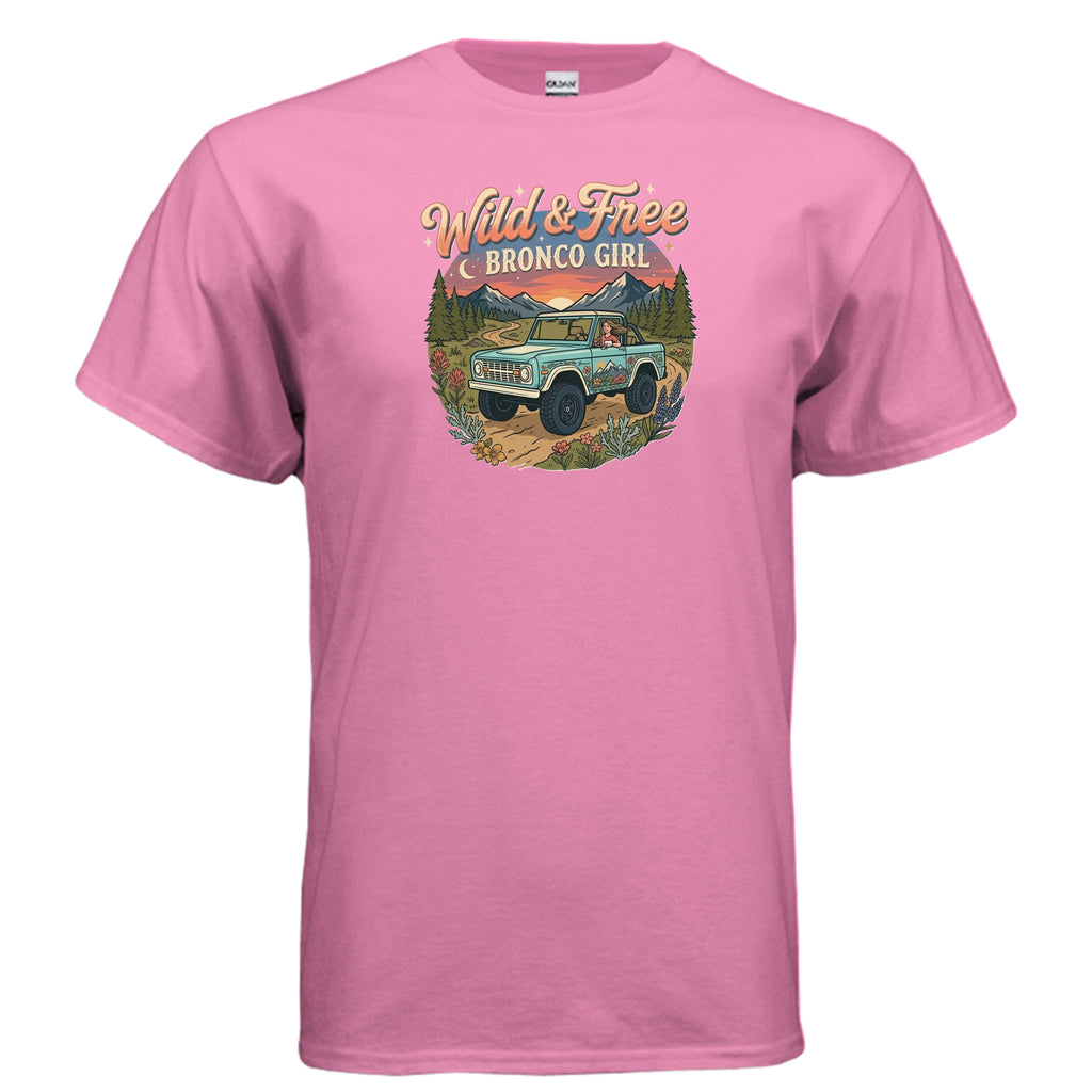 Wild & Free Bronco Girl Tee – Vintage Ford Bronco Women’s Off-Road Adventure Shirt T-Shirt