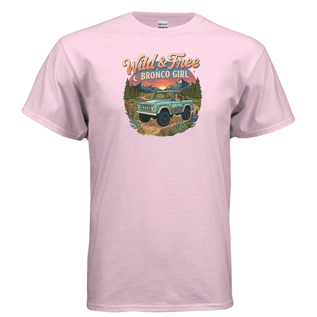 Wild & Free Bronco Girl Tee – Vintage Ford Bronco Women’s Off-Road Adventure Shirt T-Shirt