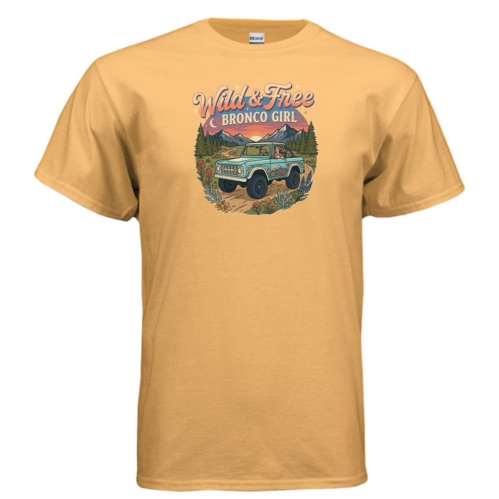 Wild & Free Bronco Girl Tee – Vintage Ford Bronco Women’s Off-Road Adventure Shirt T-Shirt