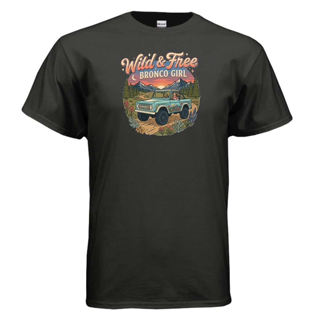 Wild & Free Bronco Girl Tee – Vintage Ford Bronco Women’s Off-Road Adventure Shirt T-Shirt