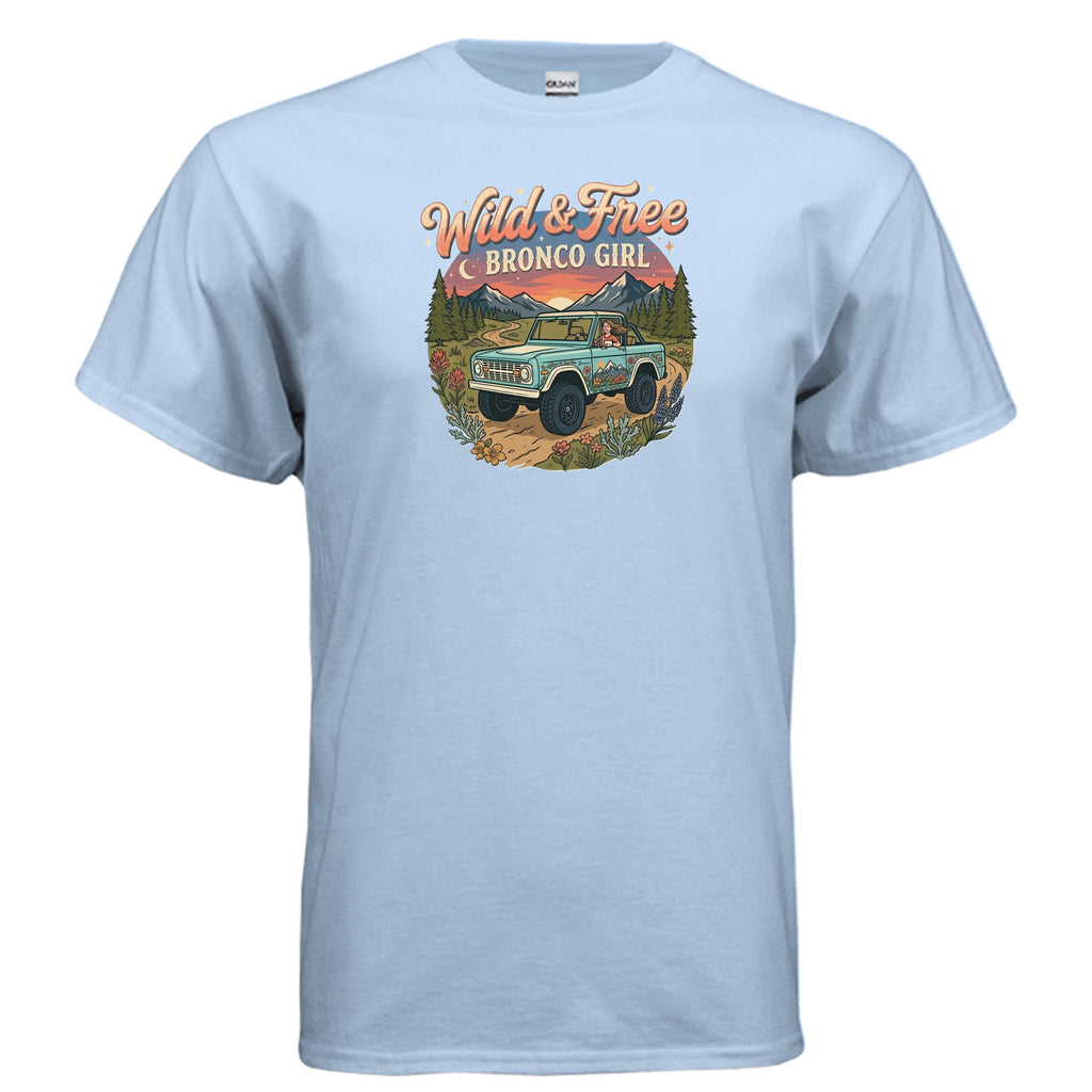 Wild & Free Bronco Girl Tee – Vintage Ford Bronco Women’s Off-Road Adventure Shirt T-Shirt