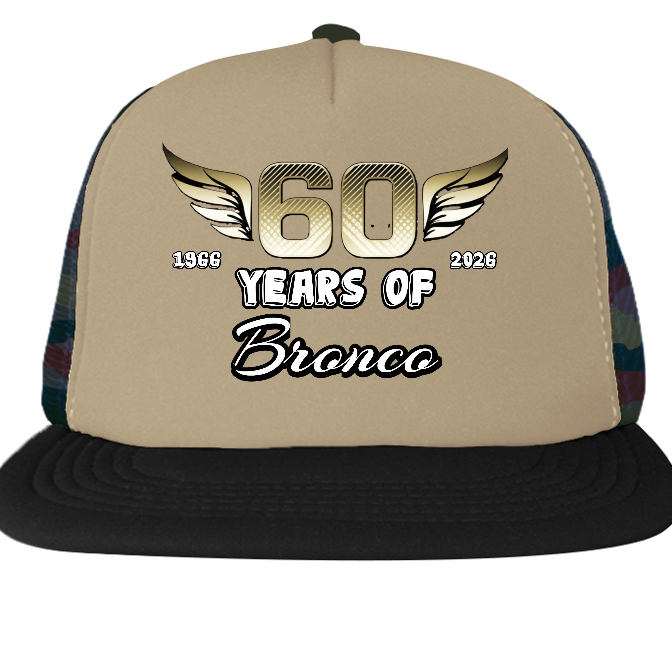Ford Bronco 60 Years Trucker Hat | 1966–2026 Bronco Anniversary Cap | Vintage Off-Road Snapback Military Camo ONE SIZE Hats