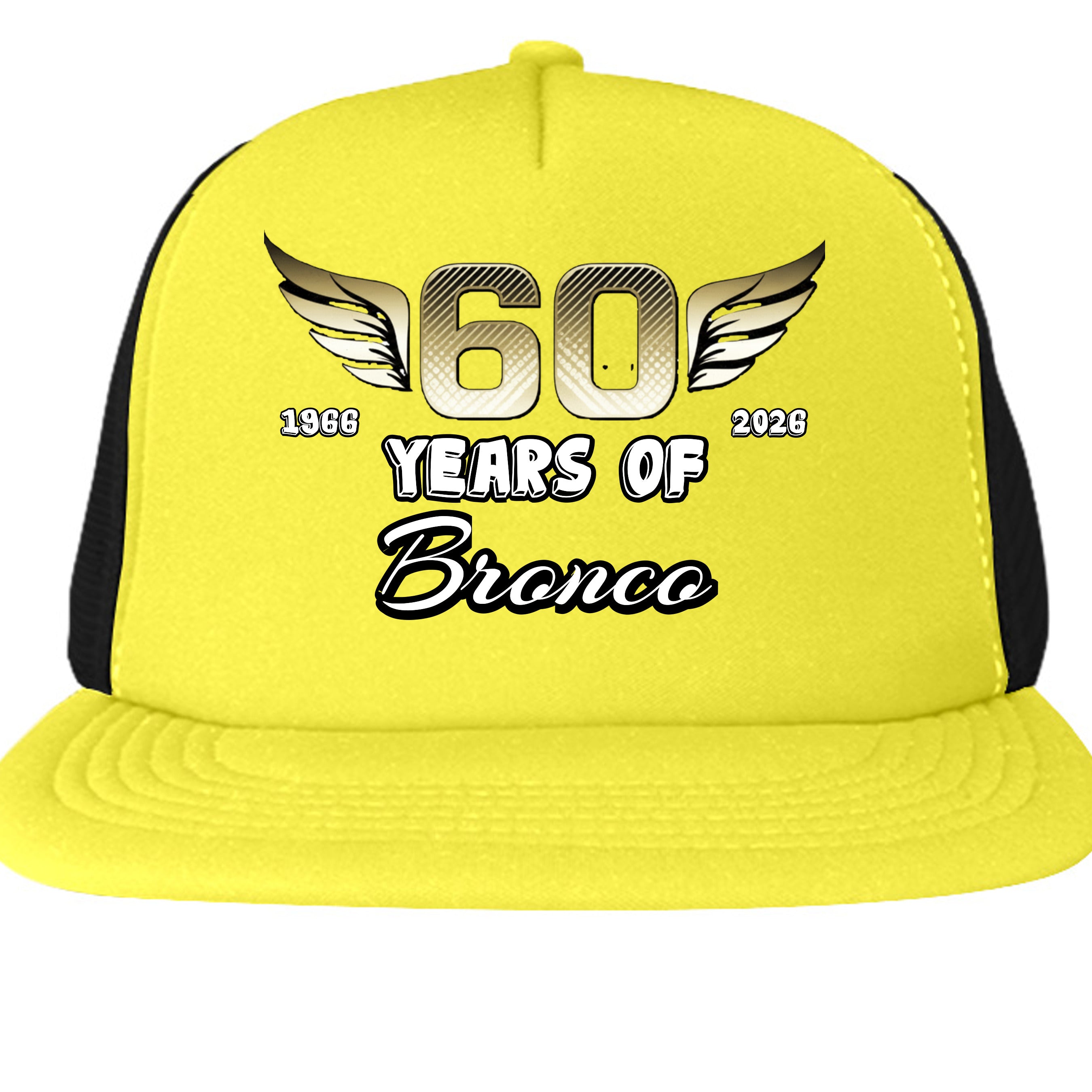 Ford Bronco 60 Years Trucker Hat | 1966–2026 Bronco Anniversary Cap | Vintage Off-Road Snapback Neon Yellow ONE SIZE Hats