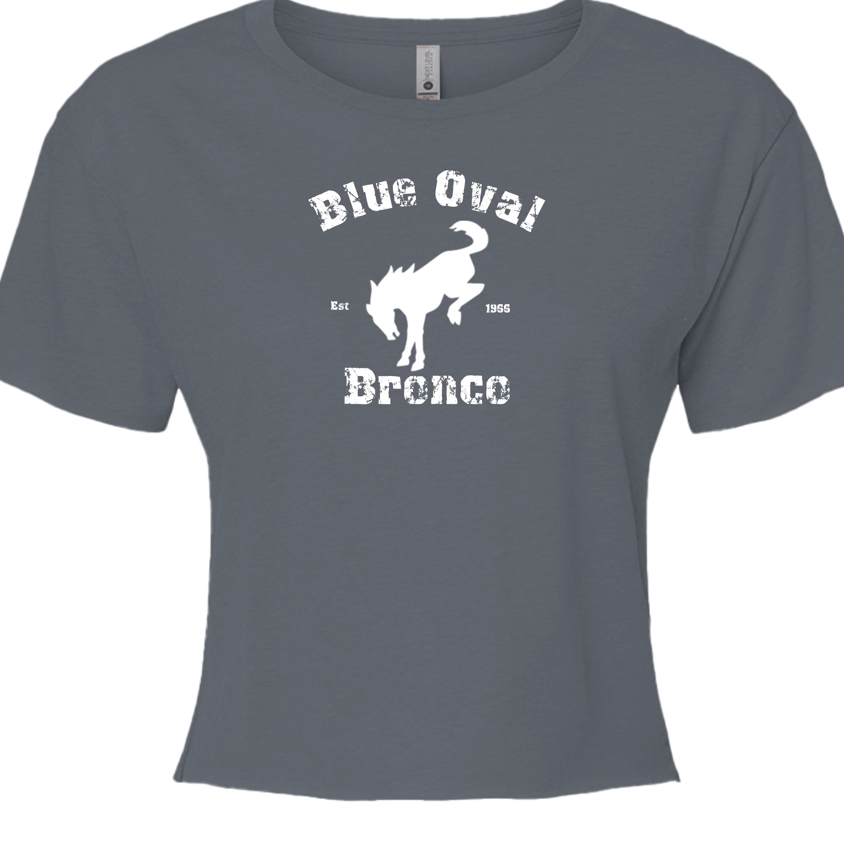 Blue Oval Bronco Women’s Crop Top | Est 1966 Bucking Horse Tee | Vintage Off-Road Style T-Shirt