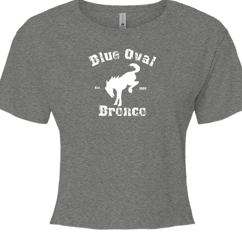 Blue Oval Bronco Women’s Crop Top | Est 1966 Bucking Horse Tee | Vintage Off-Road Style T-Shirt