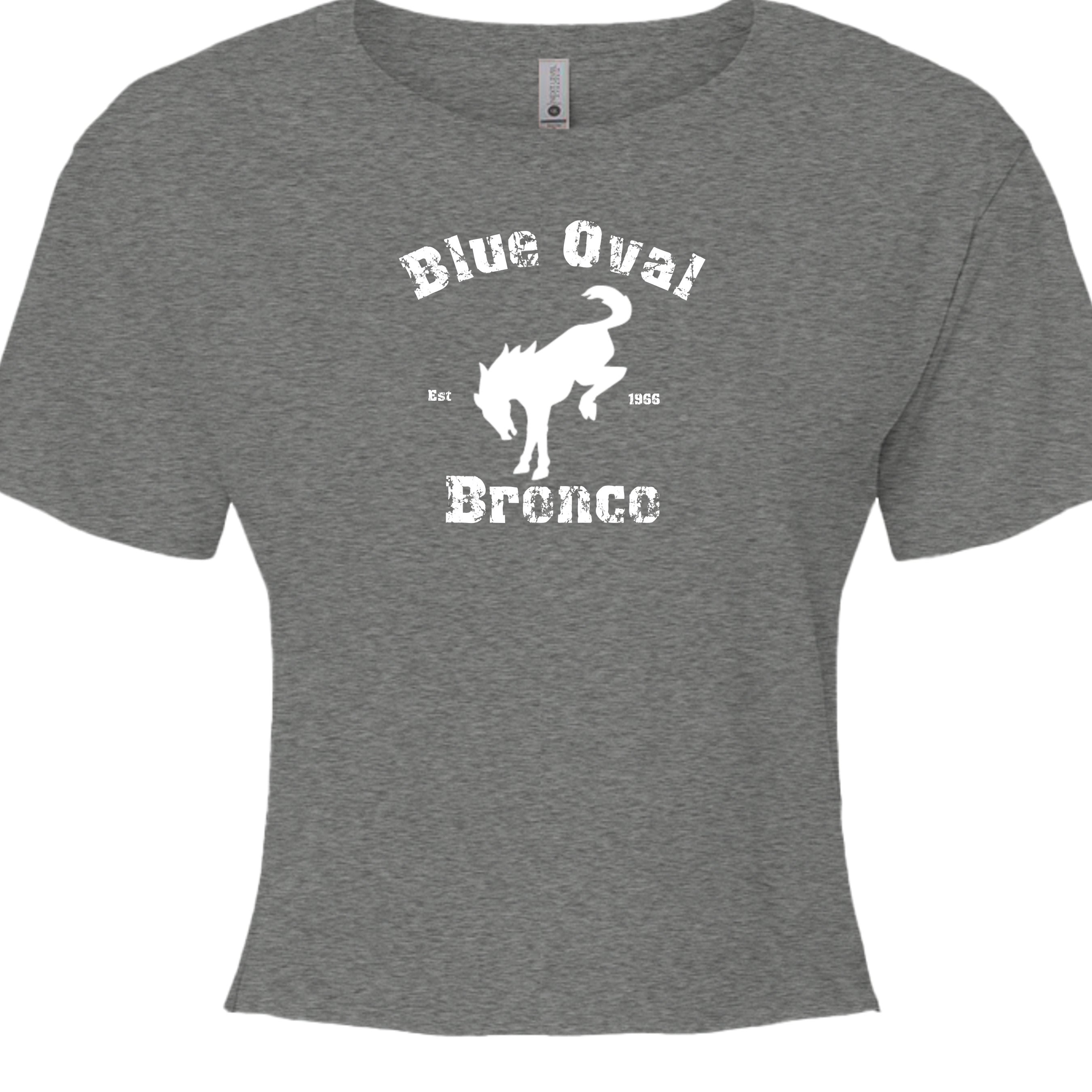 Blue Oval Bronco Women’s Crop Top | Est 1966 Bucking Horse Tee | Vintage Off-Road Style T-Shirt