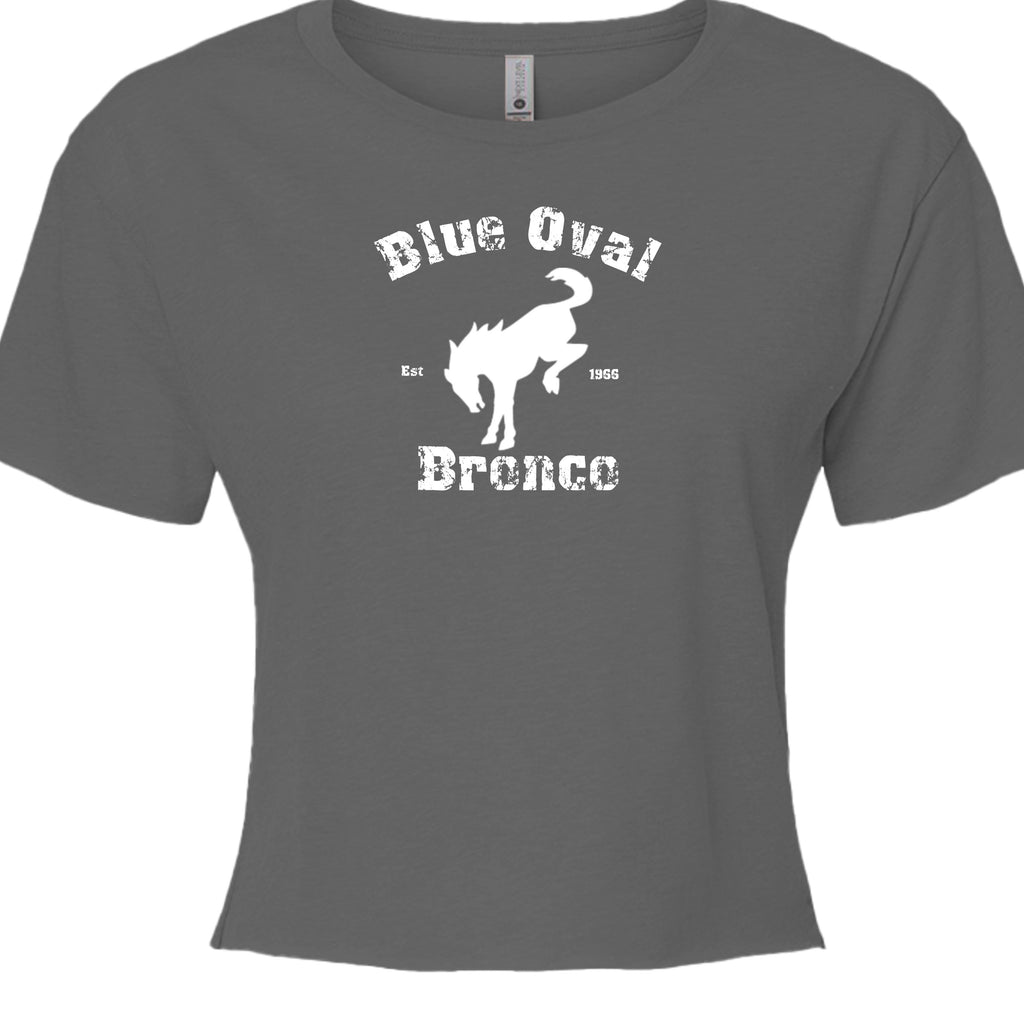 Blue Oval Bronco Women’s Crop Top | Est 1966 Bucking Horse Tee | Vintage Off-Road Style T-Shirt