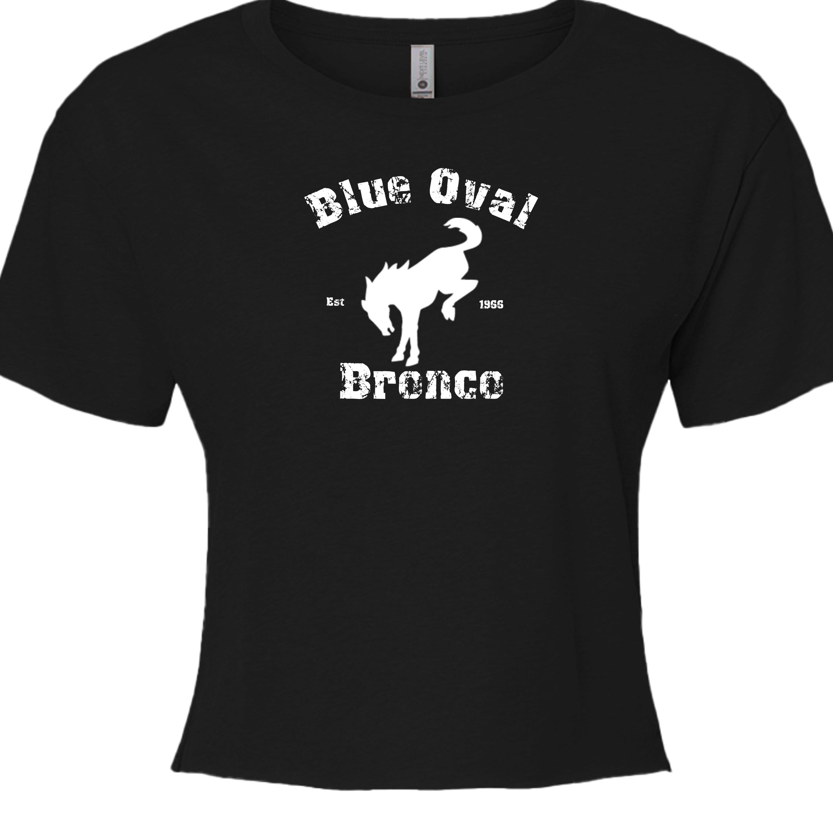 Blue Oval Bronco Women’s Crop Top | Est 1966 Bucking Horse Tee | Vintage Off-Road Style T-Shirt