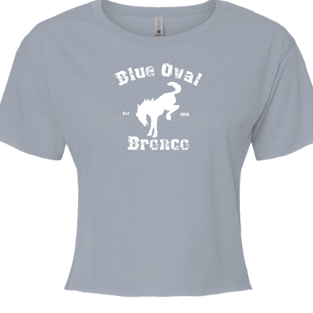 Blue Oval Bronco Women’s Crop Top | Est 1966 Bucking Horse Tee | Vintage Off-Road Style T-Shirt