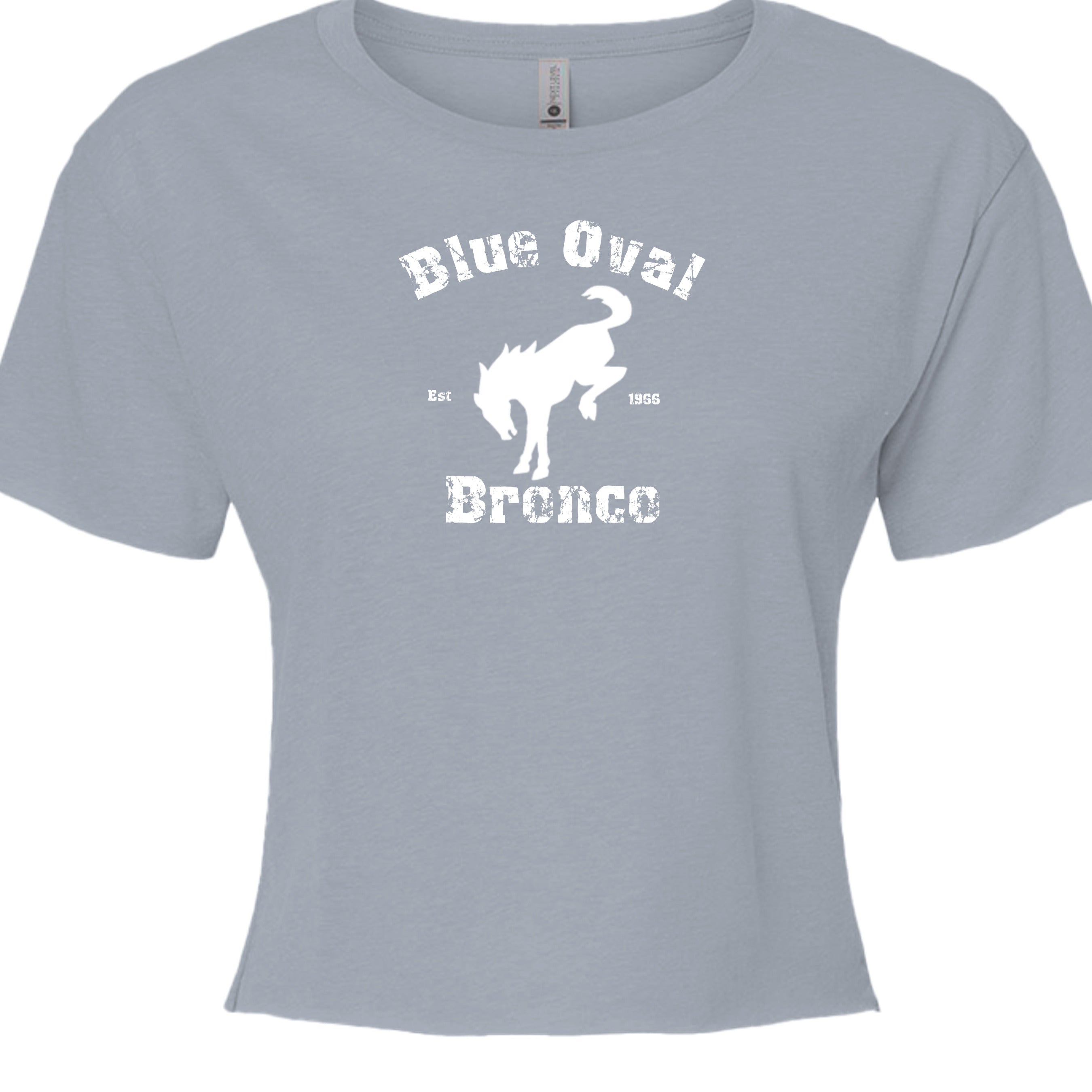 Blue Oval Bronco Women’s Crop Top | Est 1966 Bucking Horse Tee | Vintage Off-Road Style T-Shirt