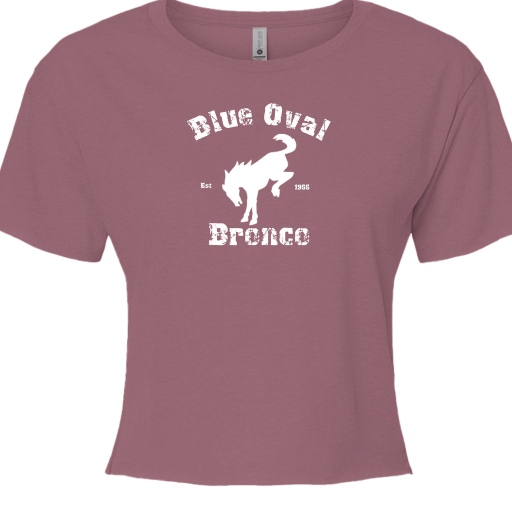 Blue Oval Bronco Women’s Crop Top | Est 1966 Bucking Horse Tee | Vintage Off-Road Style T-Shirt