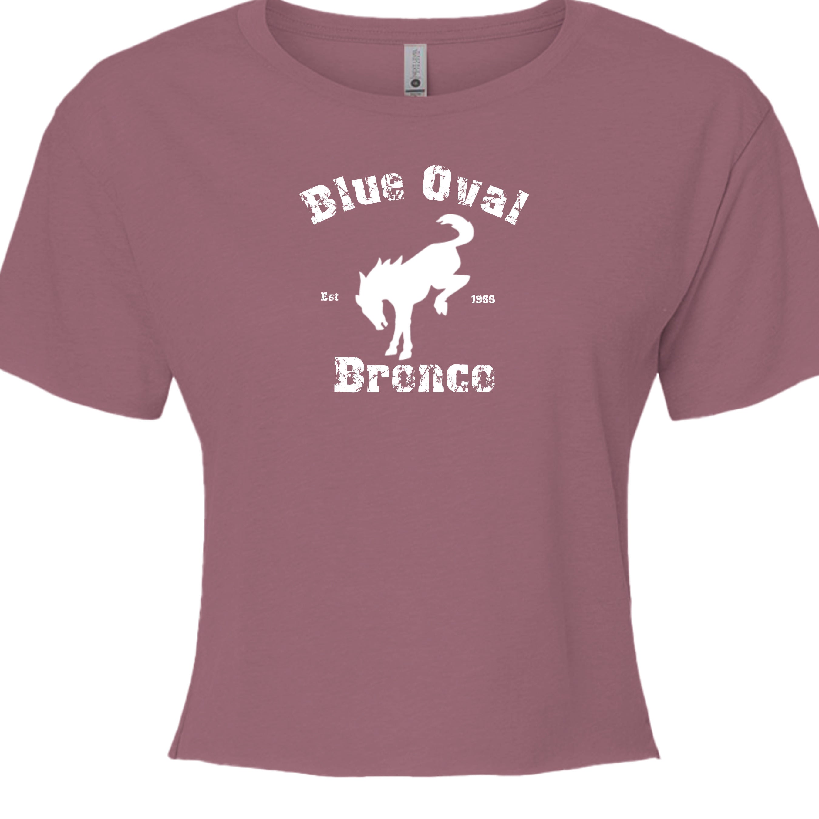 Blue Oval Bronco Women’s Crop Top | Est 1966 Bucking Horse Tee | Vintage Off-Road Style T-Shirt