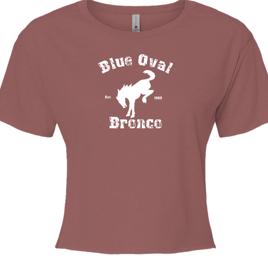 Blue Oval Bronco Women’s Crop Top | Est 1966 Bucking Horse Tee | Vintage Off-Road Style T-Shirt