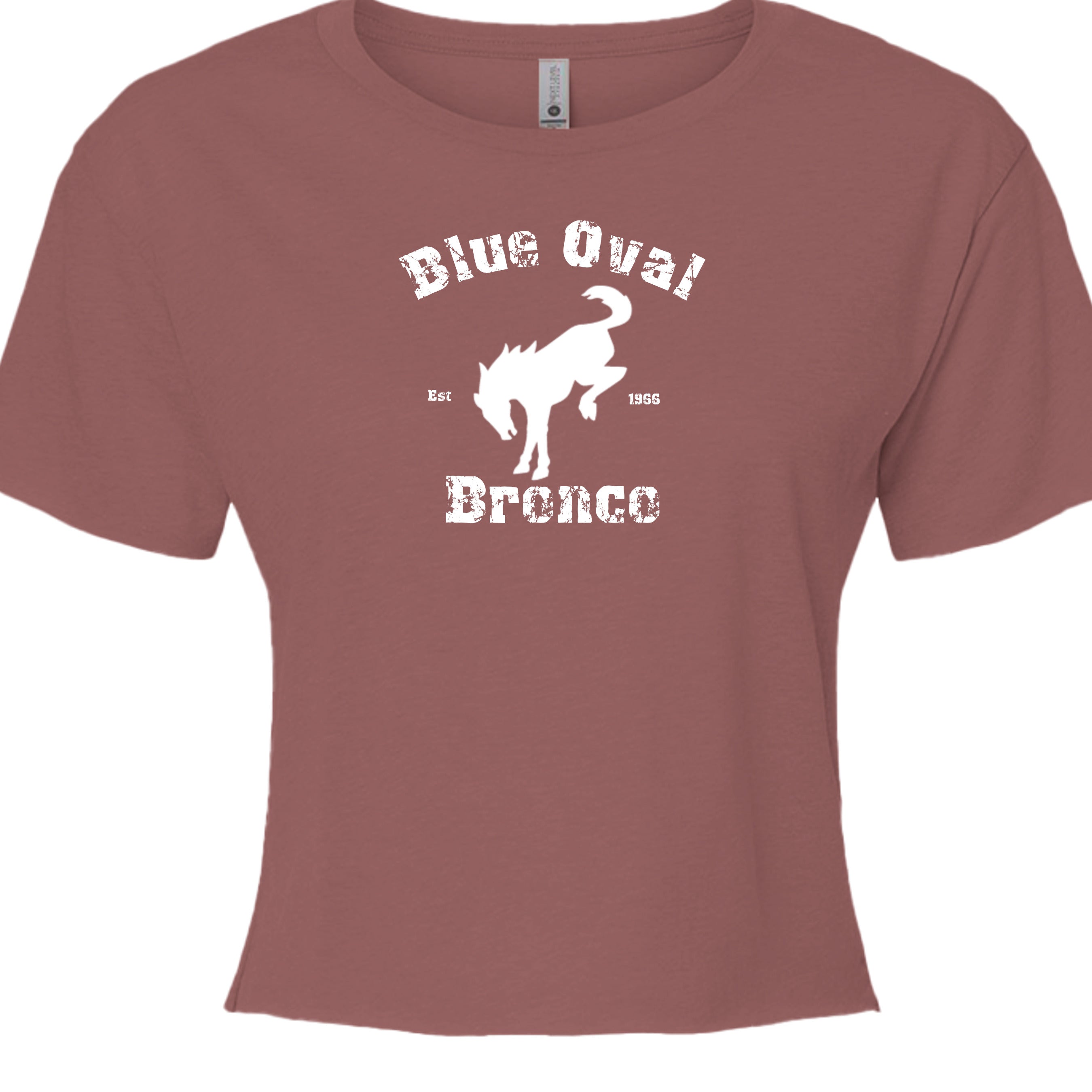 Blue Oval Bronco Women’s Crop Top | Est 1966 Bucking Horse Tee | Vintage Off-Road Style T-Shirt