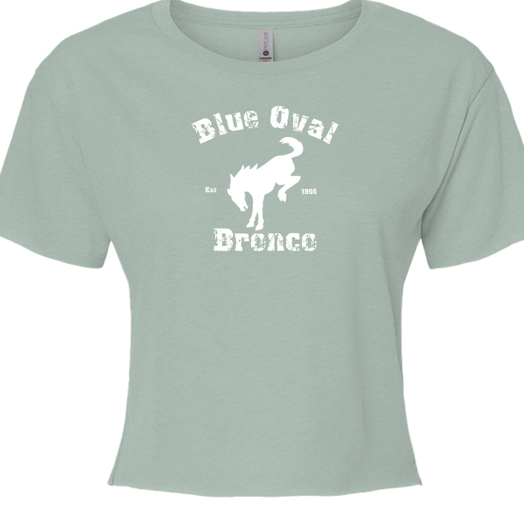 Blue Oval Bronco Women’s Crop Top | Est 1966 Bucking Horse Tee | Vintage Off-Road Style T-Shirt