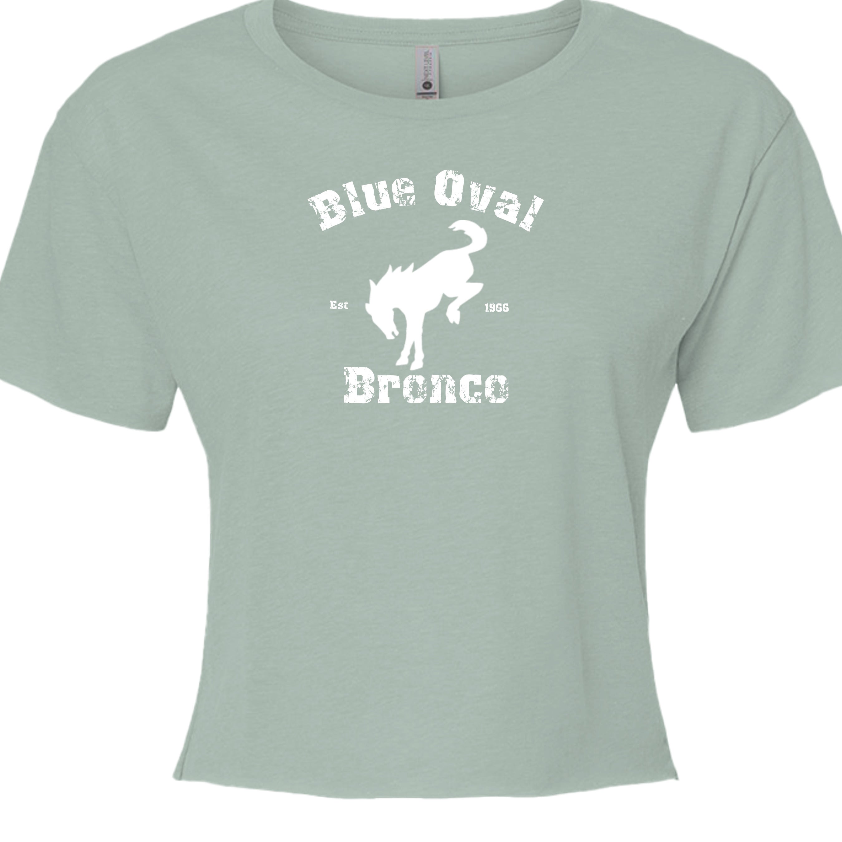 Blue Oval Bronco Women’s Crop Top | Est 1966 Bucking Horse Tee | Vintage Off-Road Style T-Shirt