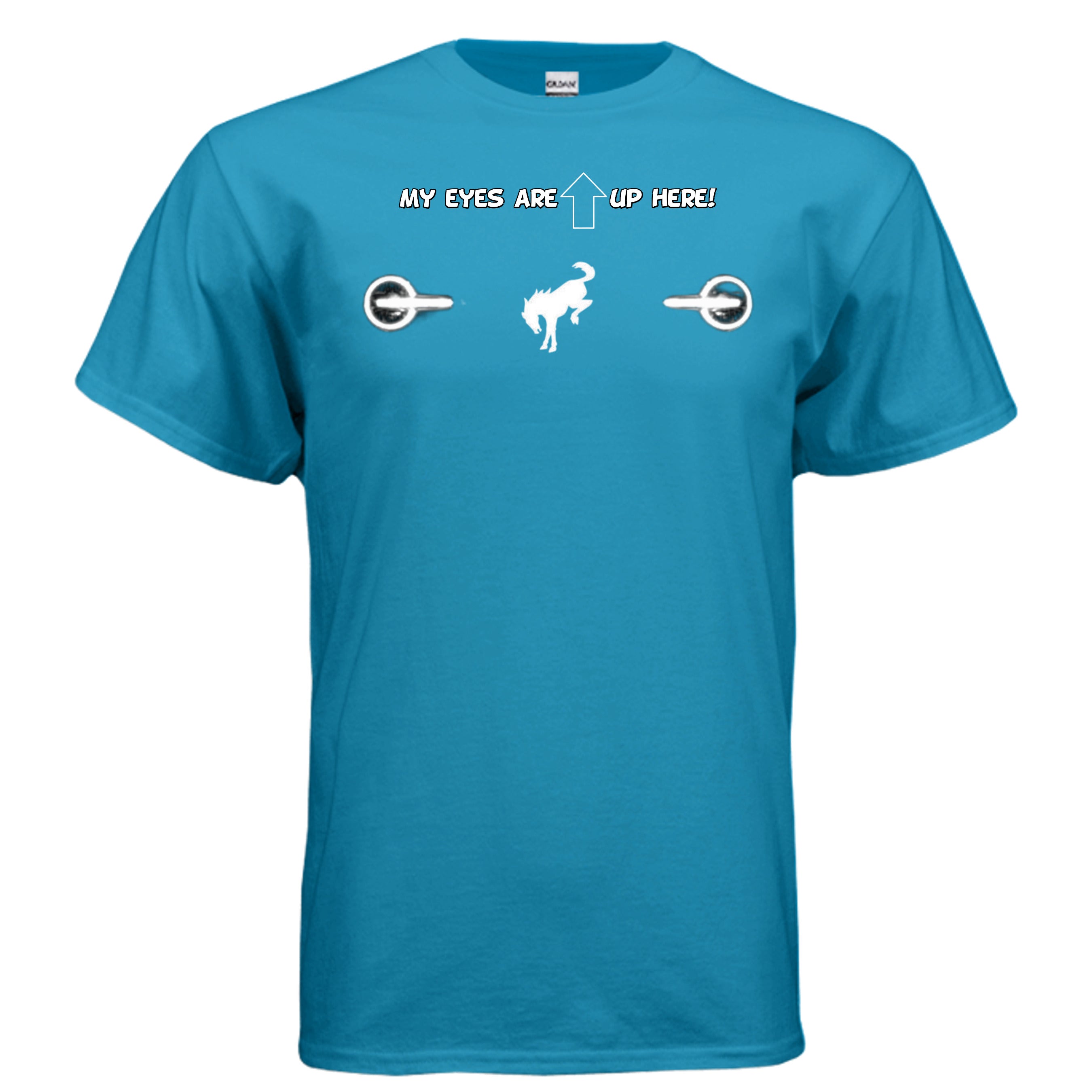 “My Eyes Are Up Here” White Bronco Headlights Tee — The Ultimate Bronco Life Icebreaker T-Shirt