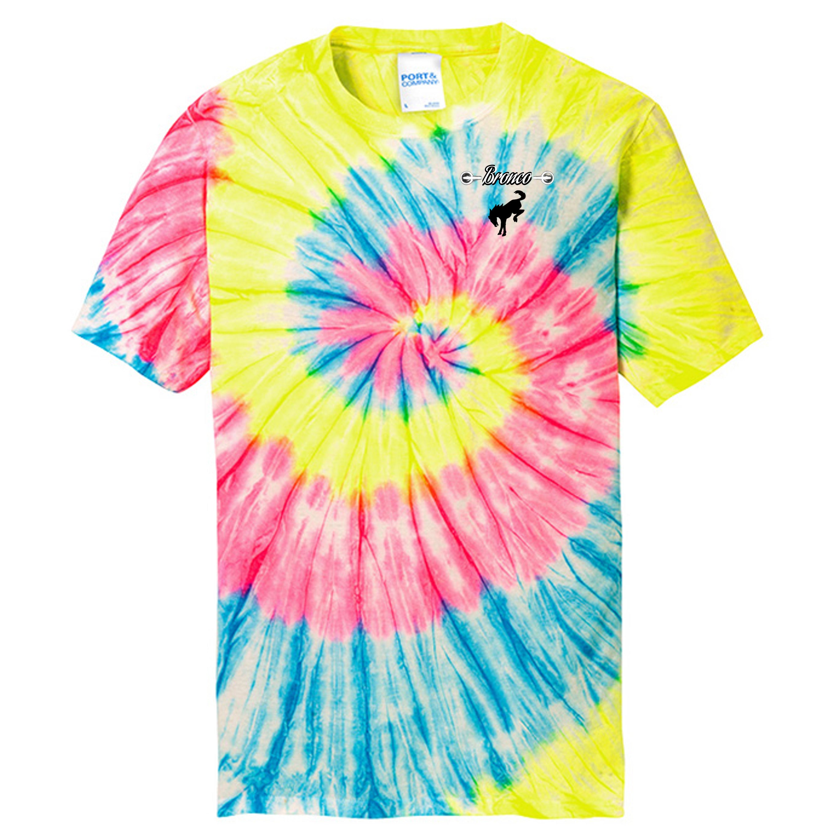 Sasquatch Off-Road Co-Pilot tie-dye Tee — The Legendary Bronco Adventure Edition Neon Rainbow T-Shirt