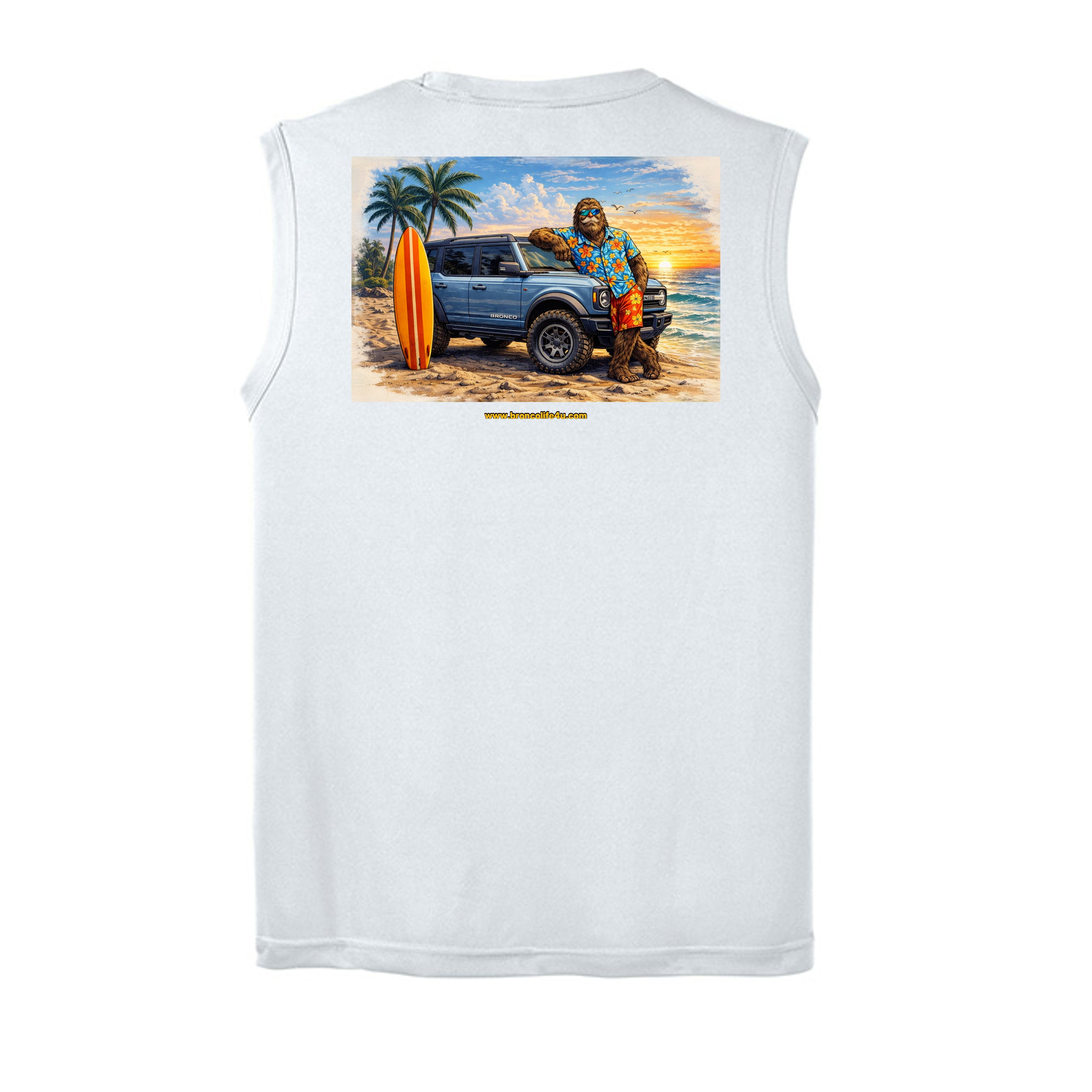 “Bronco Life: Beach Mode Activated” Sleeveless Tee – Sasquatch Surf Edition
