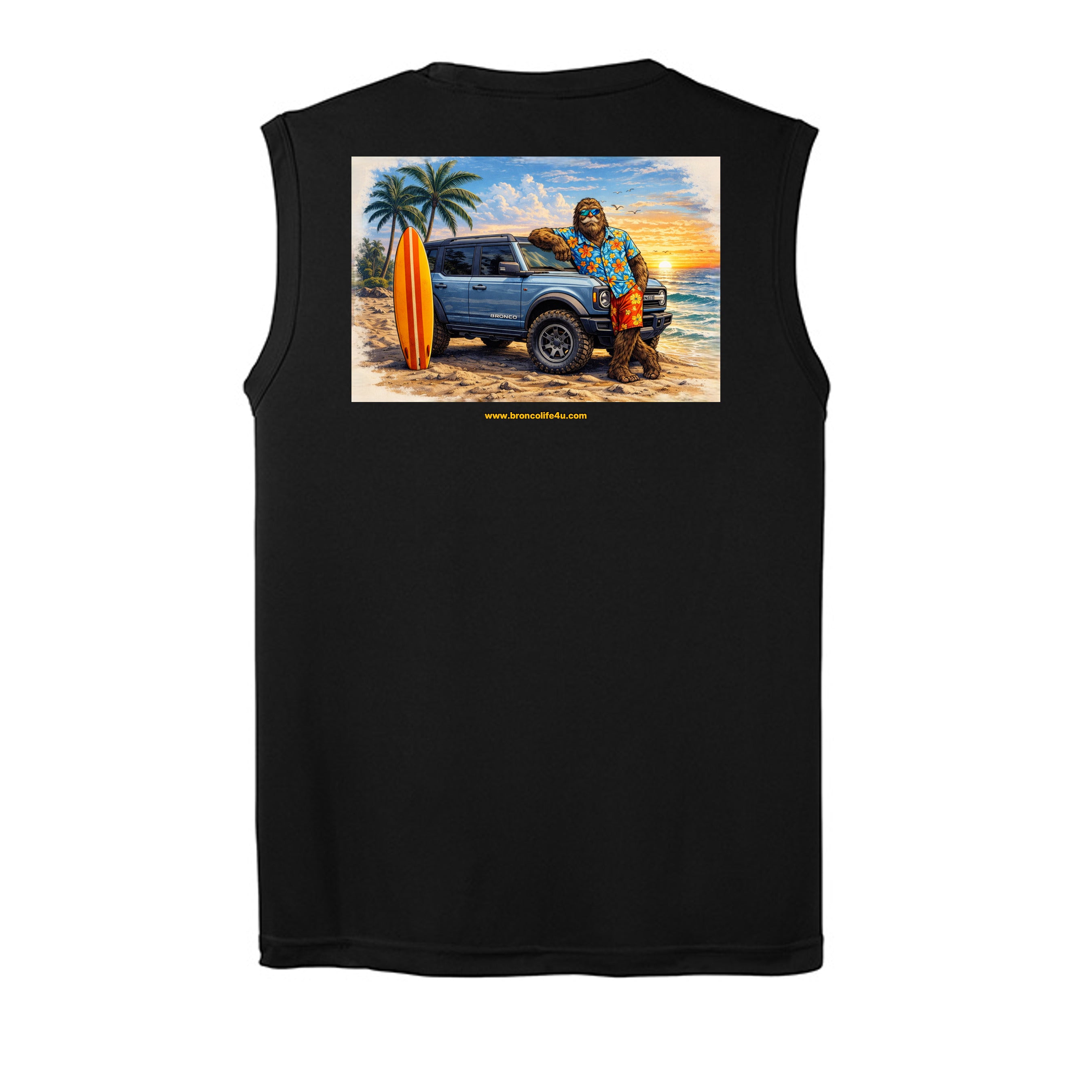 “Bronco Life: Beach Mode Activated” Sleeveless Tee – Sasquatch Surf Edition