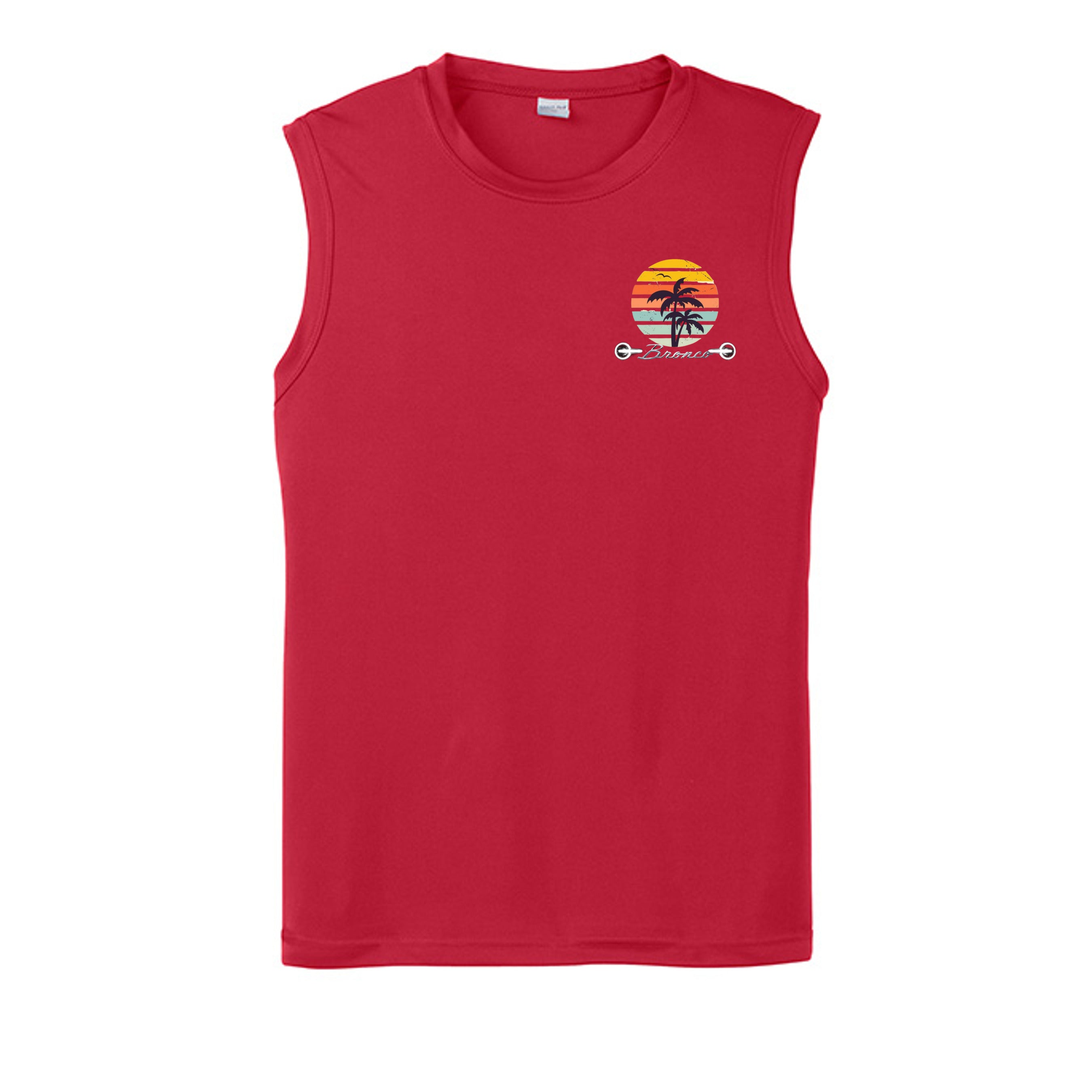 “Bronco Life: Beach Mode Activated” Sleeveless Tee – Sasquatch Surf Edition True Red